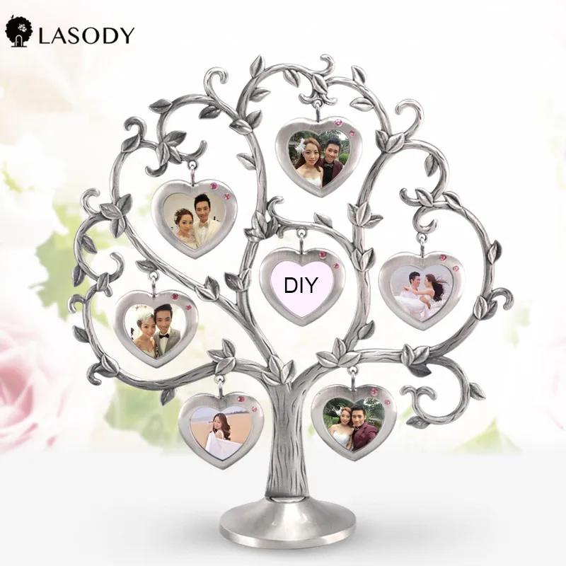 Античное серебро Семья дерево с 7 шт. сердце Форма картинной рамки металлическая