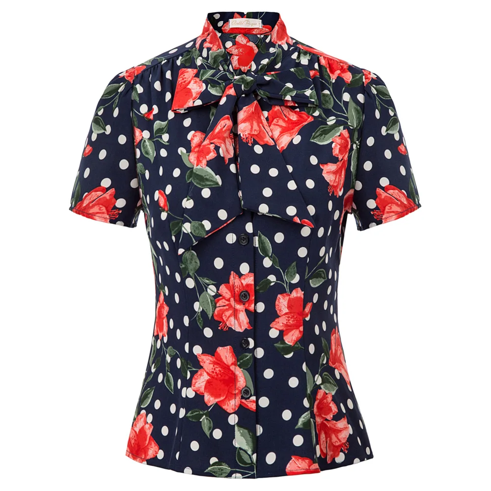 Bow Knot Tops Blouse Casual Turtle neck Tie front Women Short Sleeve Stand collar Button Belle Poque |