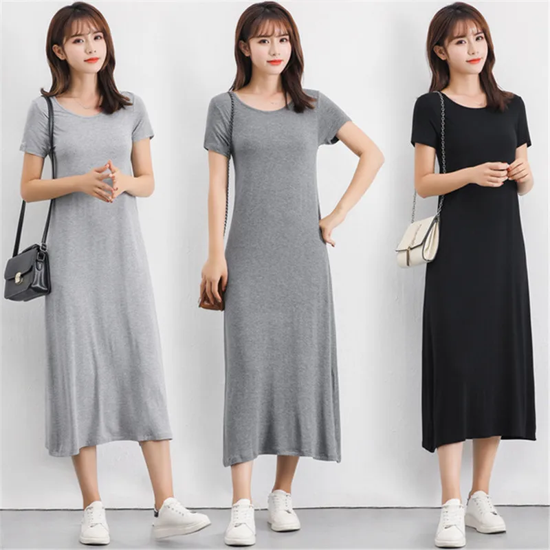 

Modal Knitted Summer Dress Solid Short Sleeve O-Neck Casual T-shirt Dress Fashion Plus Size Loose Long Vestidos Maxi Beach Robe