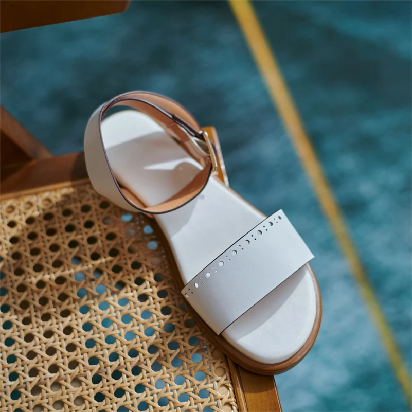 

Meotina Women Shoes Natural Genuine Leather Sandals Ankle Strap Flat Sandals Round Toe Cow Leather Ladies Footwear Summer Black