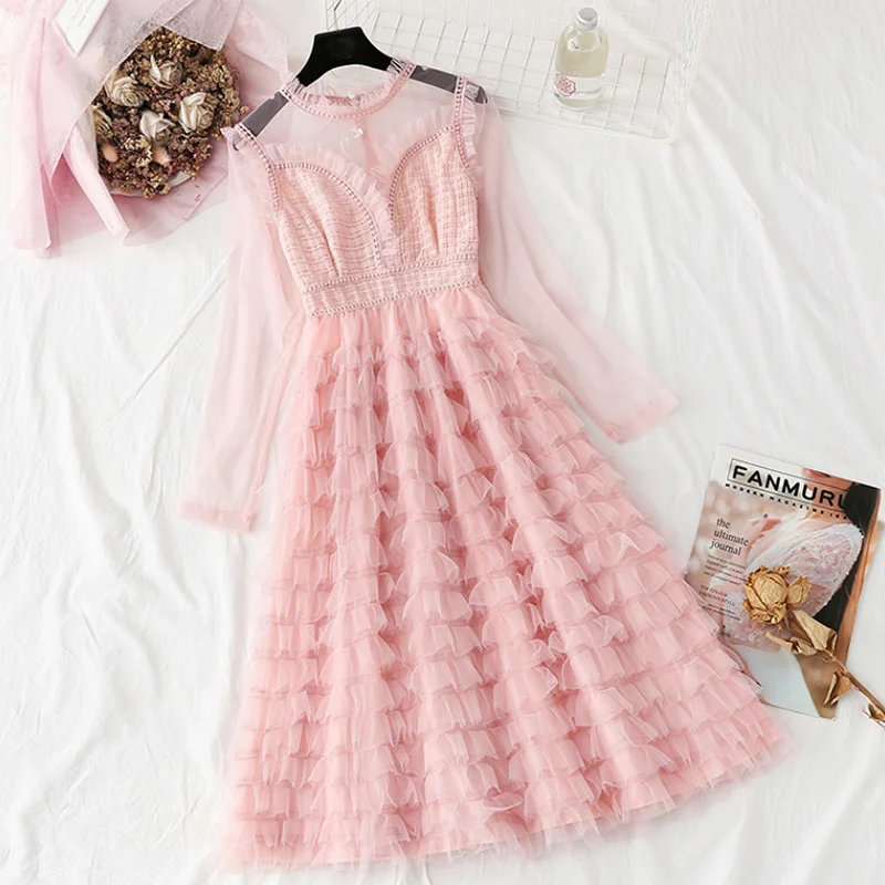 

Women Mesh Lace Dresses Long Sleeve O-neck Elegant Party Dress 2022 Spring Summer Sweet Princess Cake Long Dress Vestidos