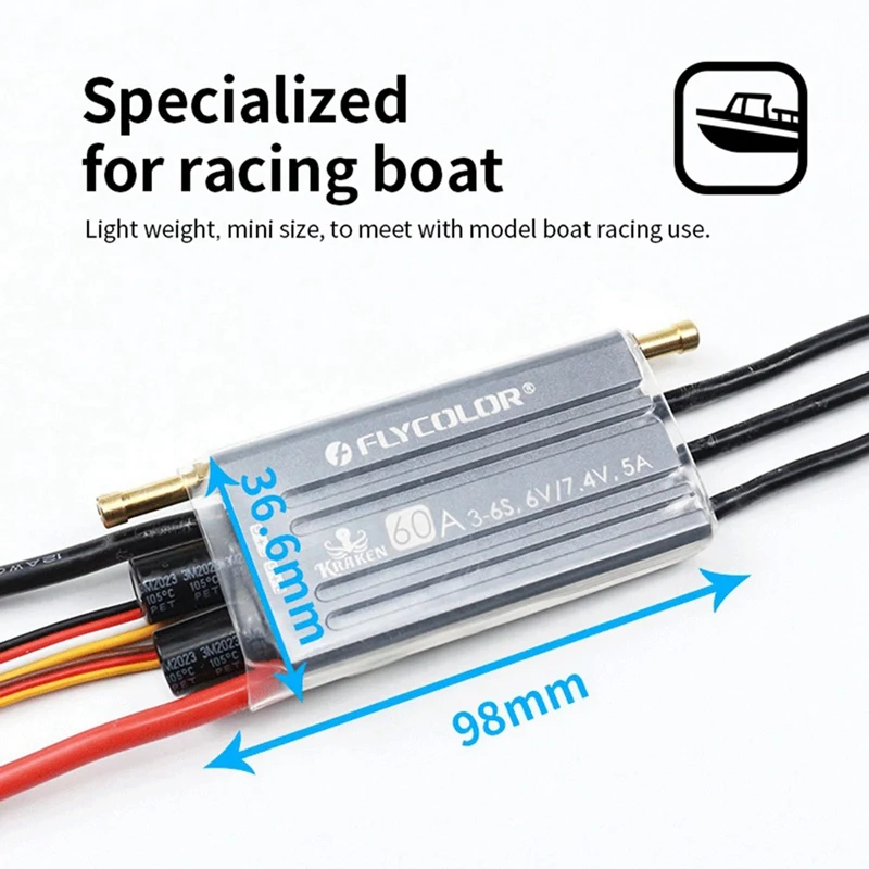 

FLYCOLOR 2Pcs Kraken Series Waterproof Brushless ESC 3-6S 6V/7.4V 5A BEC/Water Cooling System for Model Ship RC Boat-60A & 120A
