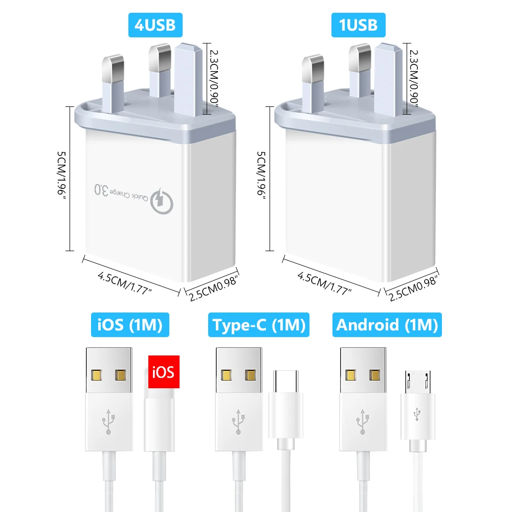 2 4/3A 5 в 1/4 USB QC 3 0 UK штекер зарядное устройство с кабелем Быстрая зарядка адаптер