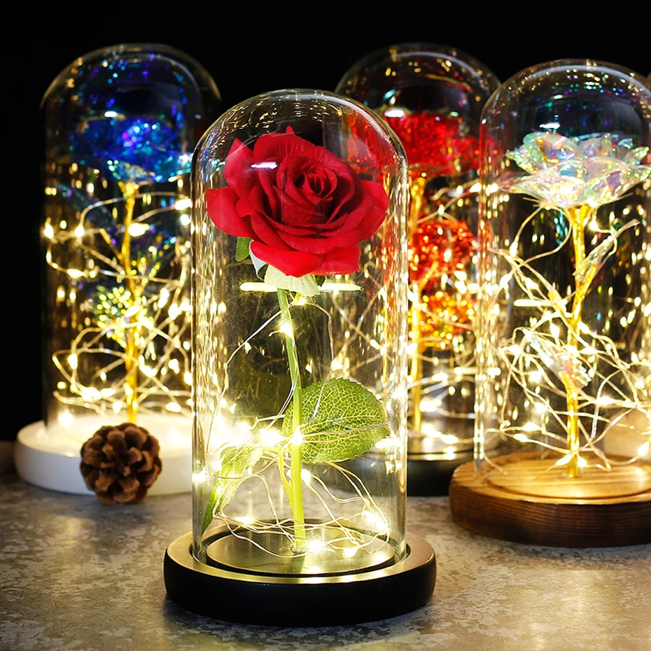 

LED Eternal Flower Double Rose In Dome Light Up Beauty And The Beast Rose In A Flask Valentine's Day Birthday Christmas Day Gift