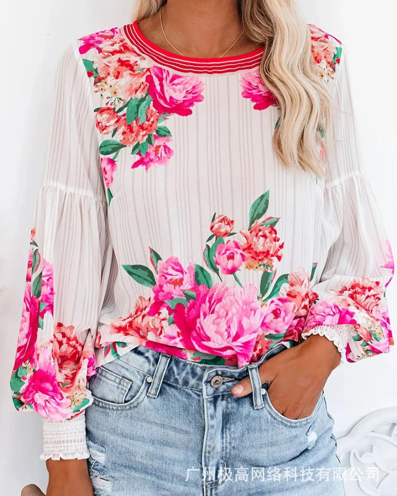 

Elegant Women Summer Blouses Tops Floral Print Lantern Sleeve Ruched Top JG0730