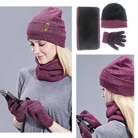 3 pcsset women hat scarf glove suit with touch screen gloves winter warm cross plus coral fleece knitted beanie skullies scarf