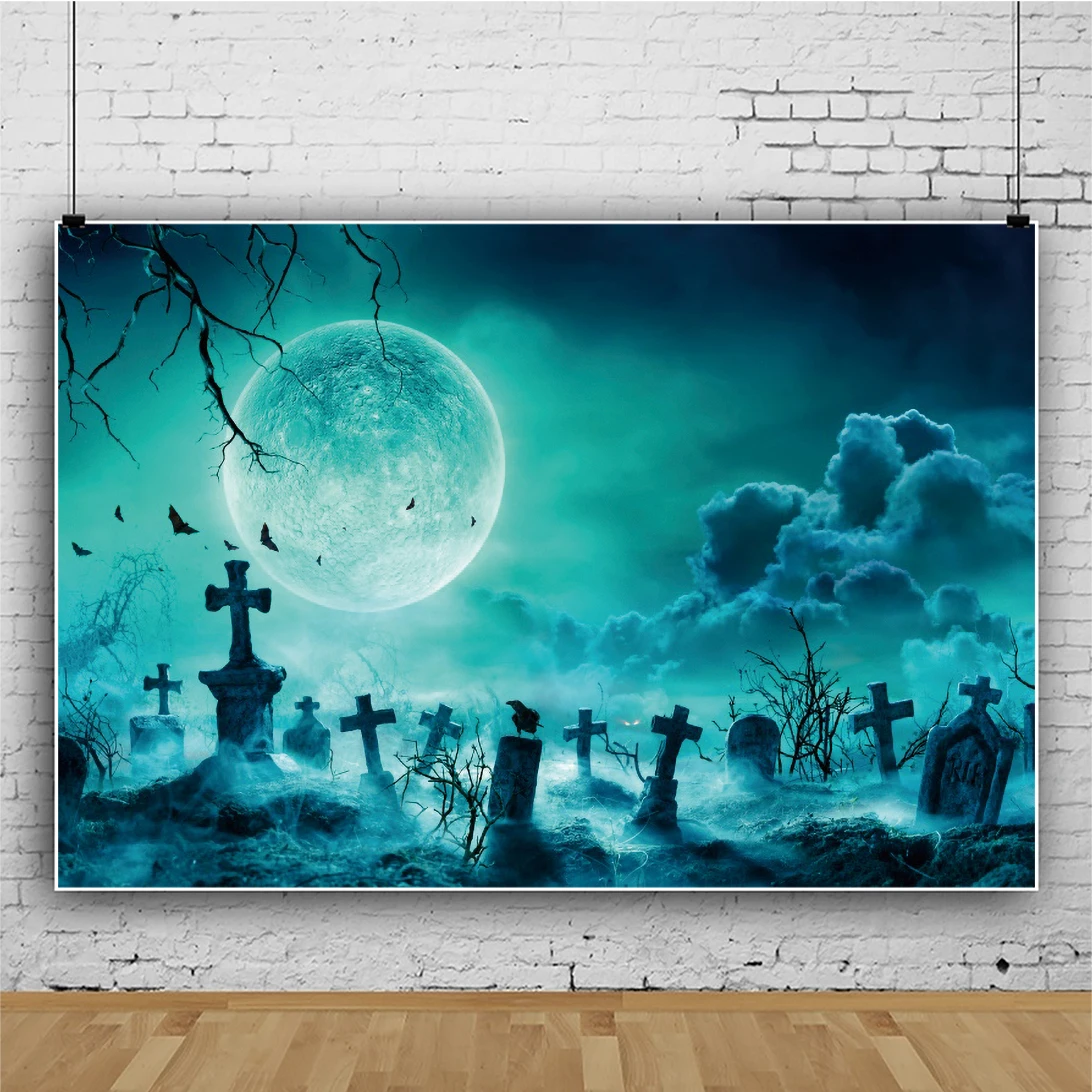 

Laeacco Horrible Night Scenic Moon Forest Clouds Mist Halloween Festival Poster Photographic Background Banner Photo Backdrops