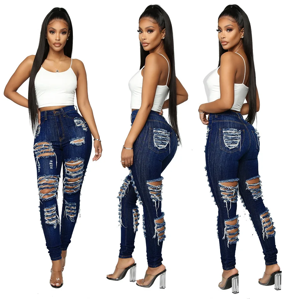 

Somoshein Sexy Ripped Jeans Women Elegant Deep Blue Color Washable Streetwear Fashion Do Old Pantalones De Mujer Basic Pants