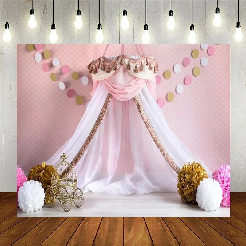 Фон для фотосъемки розовая палатка в горошек девочка принцесса день рождения