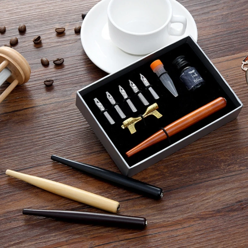 

1 Set Retro Calligraphy Fountain Dip Pen with 5 Nibs Ink Kit Gift Box for Lettering Sketching Drawing Stationery