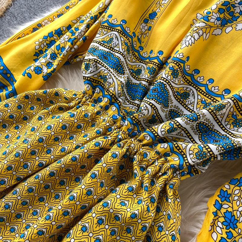 

YIZZHOY New Summer A Line V Neck Single Breasted Chiffon High Waist Dresses Women Vintage Floral Print Lady Short Dress