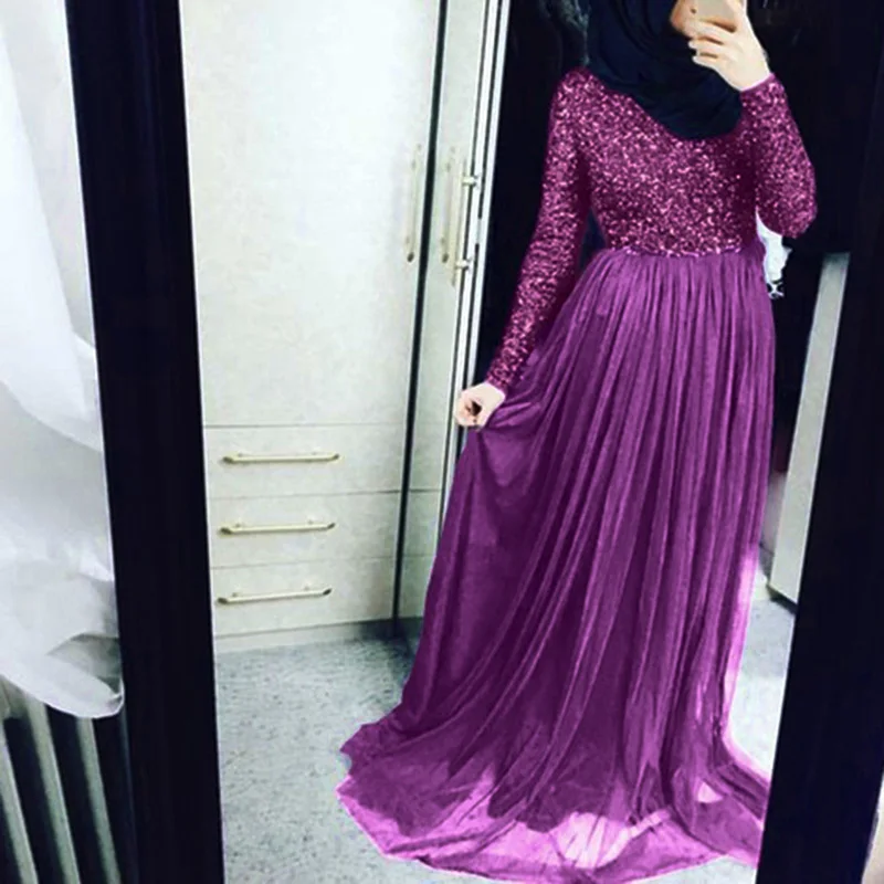 Мусульманское женское платье с длинным рукавом Макси блестки пайетки сплошной