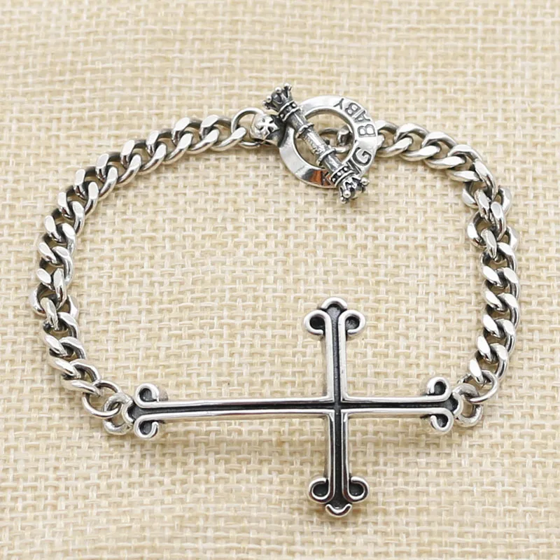 

S925 sterling silver bracelet personality cross flower design flower simple punk retro fashion accessories jewelry