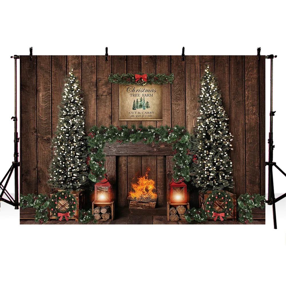 Деревенская деревянная стена Рождественская фотография Фон камин елка