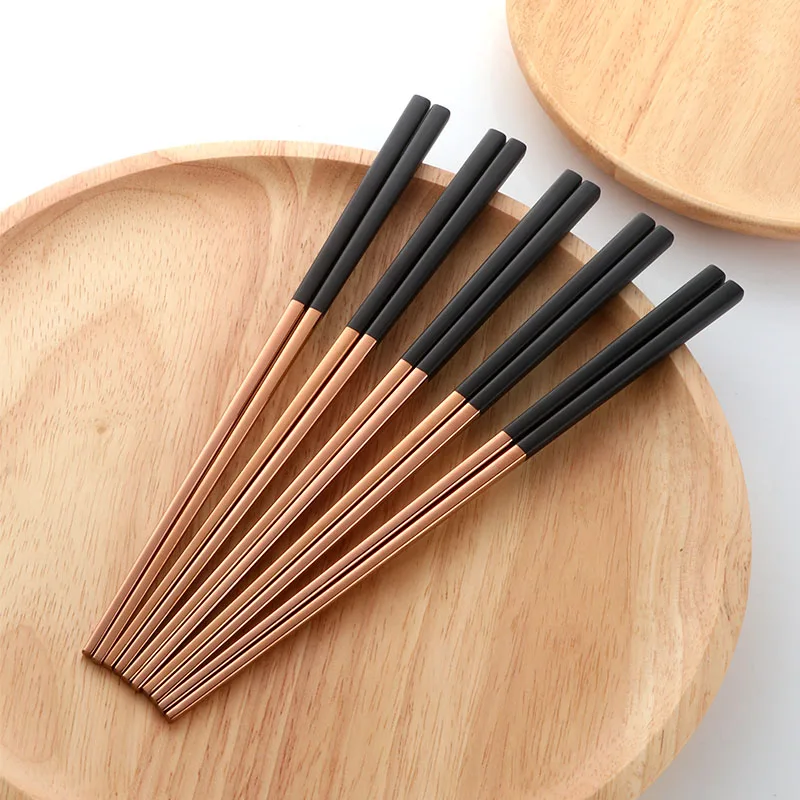 Rose Gold And Black 5 пар палочек для еды из нержавеющей стали титановые китайские золотые палочки для еды набор черных металлических палочек для еды для суши - Цвет: Rose Gold And Black