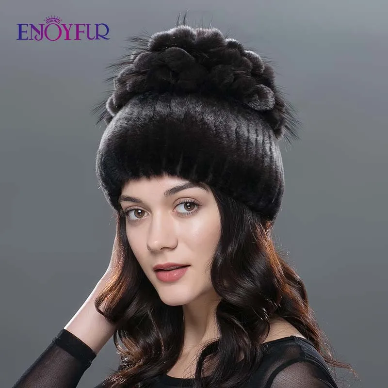 ENJOYFUR зимние шапки из меха кролика Рекс, на толстой подошве, женская теплая Cap top вязаная Цветочная форма русский женская меховая шапка - Цвет: 3
