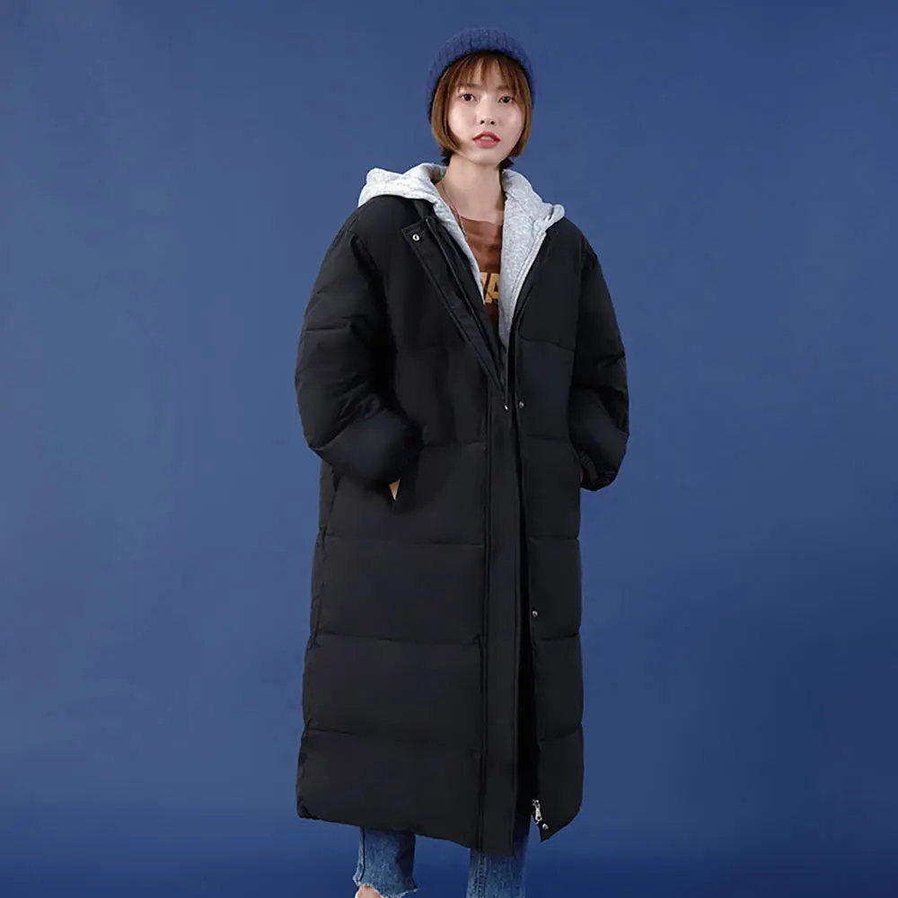 Vielleicht 2021 New Spliced Hooded Long Parkas Winter Women Thick Jackets Elegant Basic Cotton Padded Winter Coat Women Clothes