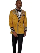 Chaqueta amarilla con solapa de chal para hombre, Blazer bordado hecho a medida, pantalones negros, conjuntos de trajes, ropa de fiesta de boda, 2 piezas (1)