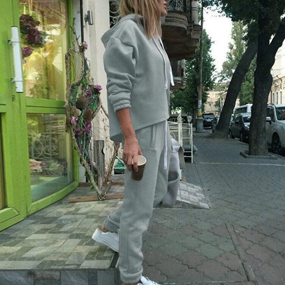 SFIT Осень Зима 2 шт костюм женский с капюшоном укороченный спортивный костюм длинный рукав сплошной цвет спортивные брюки Повседневный Модный комплект