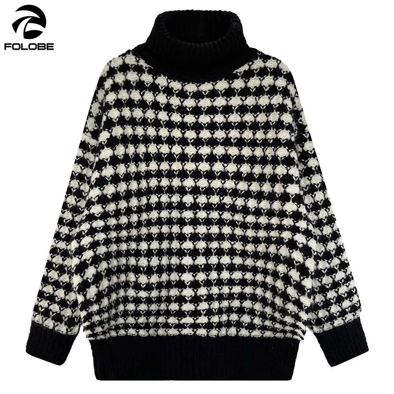 

FOLOBE Korea Autumn Winter Plaid Sweater Women Jumper Loose Thick Knitting Pullover Turtleneck Sweater Female Winter clothes
