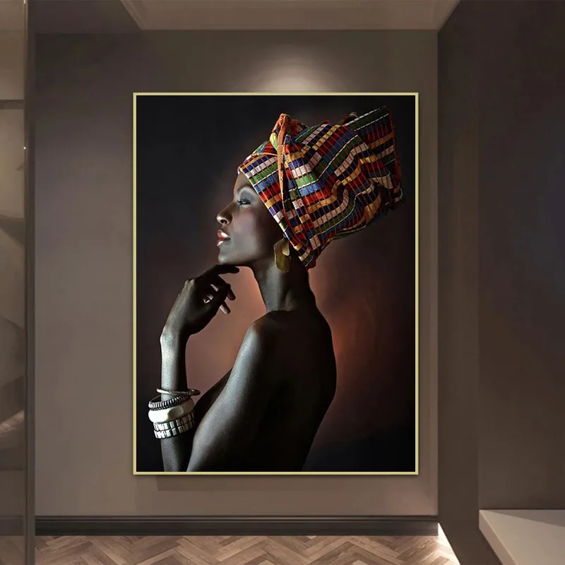 

African Nude Woman Indian Headband Portrait Canvas Painting Posters and Prints Scandinavian Wall Art Picture for Living Room