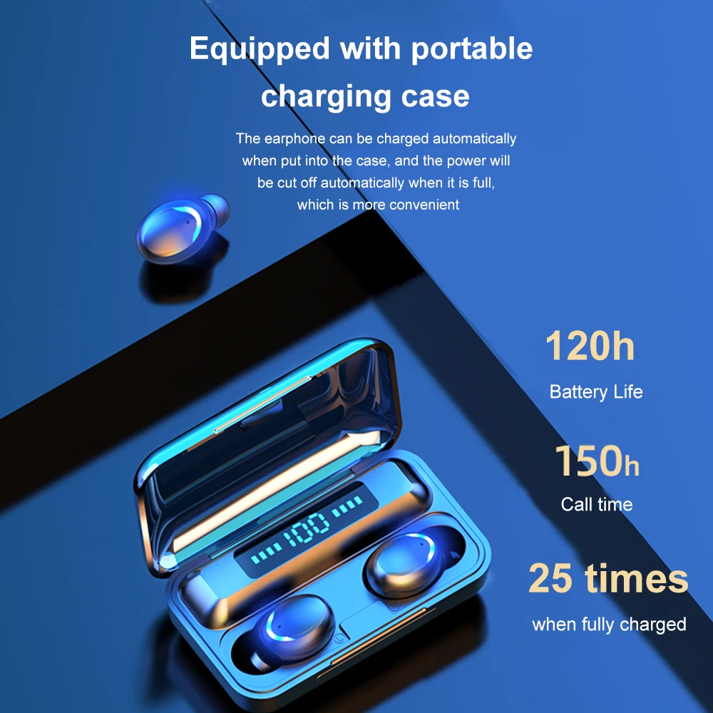 

True Wireless Headphones TWS Earbuds Bluetooth 5.0 Earphones Sports Gaming Headset with Mic LED Display USB Output Power Bank