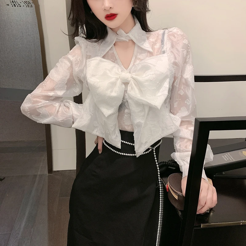 

Sweet Big Bowknot Shirt For Women Turn Down Collar Blouse Female 2020 Summer Sexy Hollow out Tops Female Clothes