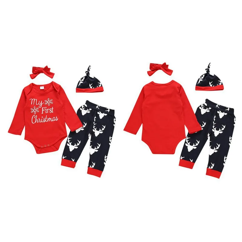 

Xmas Baby Girl Clothes Set Letter Print Romper+Pants+headband+hat Cotton Cute 4pcs Baby Clothes Outfits Set 0-24M New1