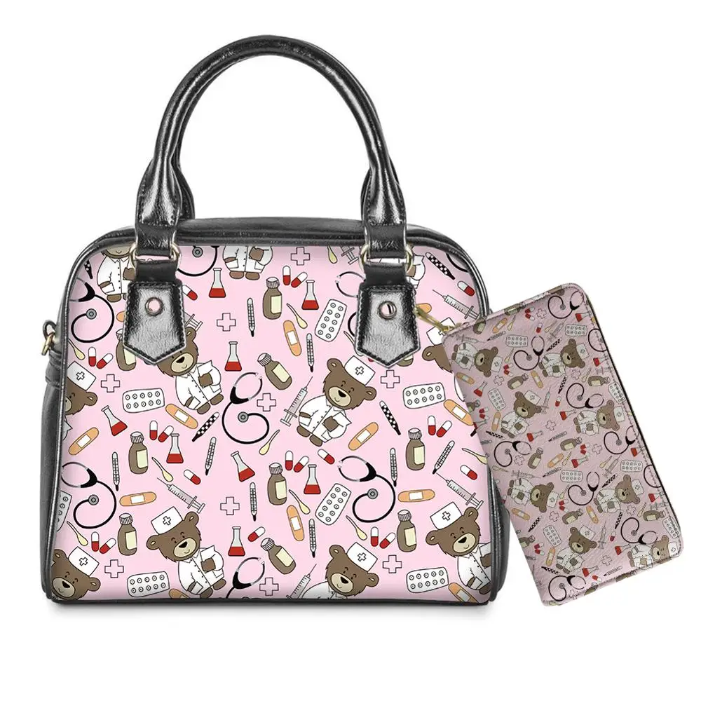 

Customzied Cartoon Nurse Bear Print Woman Designer Luxury Handbags Set Woman Crossbody Nursing Bags 2pcs Shoulder Bag and purse