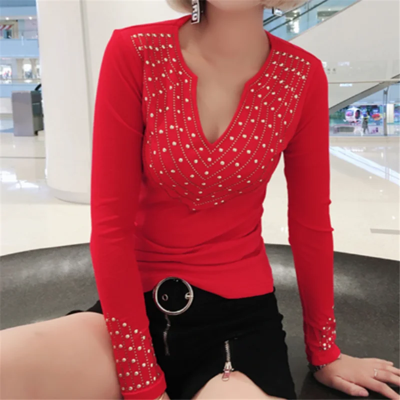 T-shirt female Rhinestone 2019 autumn tops women's diamond tshirts woman t shirt Vetement Femme Punk Rock Clothes poleras mujer |