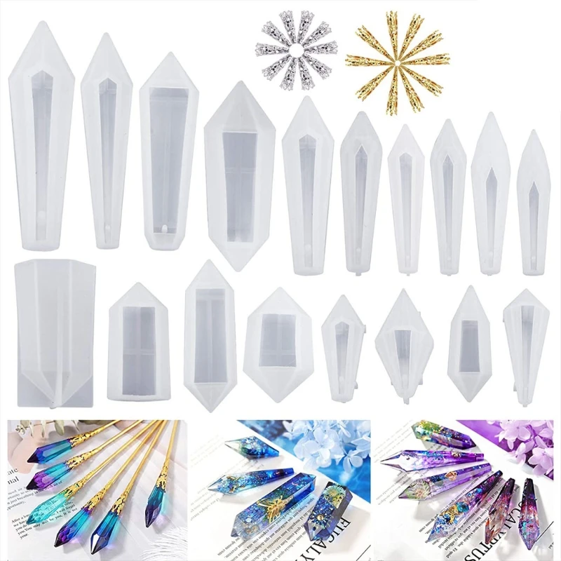 

18Pcs Resin Pendulum Molds Silicone Quartz Crystal Molds with 20cs Metal Bead Caps Epoxy UV Resin Molds Jewelry Tools