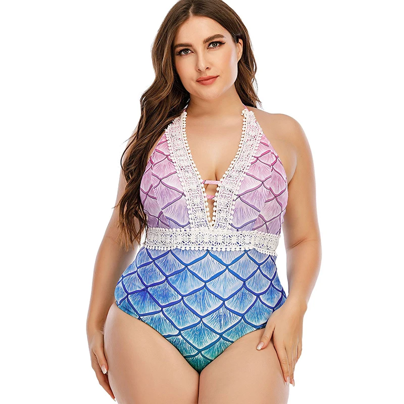 

Luren Plus Size Swimwear Women Printed V-neck One Piece Swimsuit Sexy Halter Monokini Swimsuit 2021 Beach Swimwear