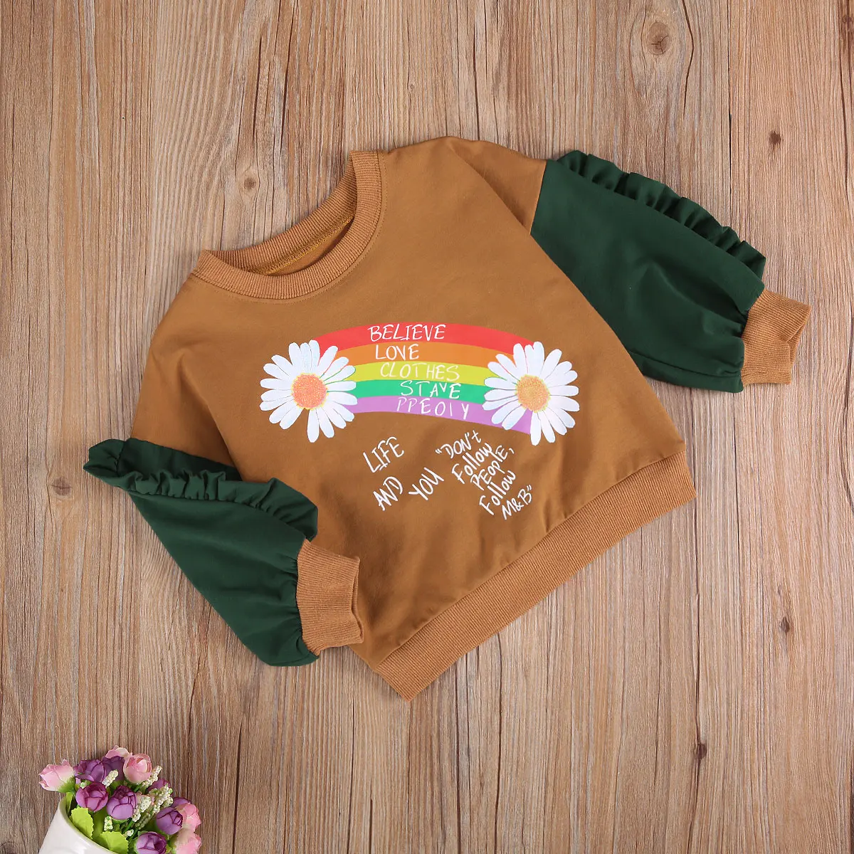 

Emmababy Toddler Baby Clothes Autumn Floral Rainbow Print Round Neck Long-Sleeve Casual Cartoon Patchwork Ruffle Hem Blouse Tops