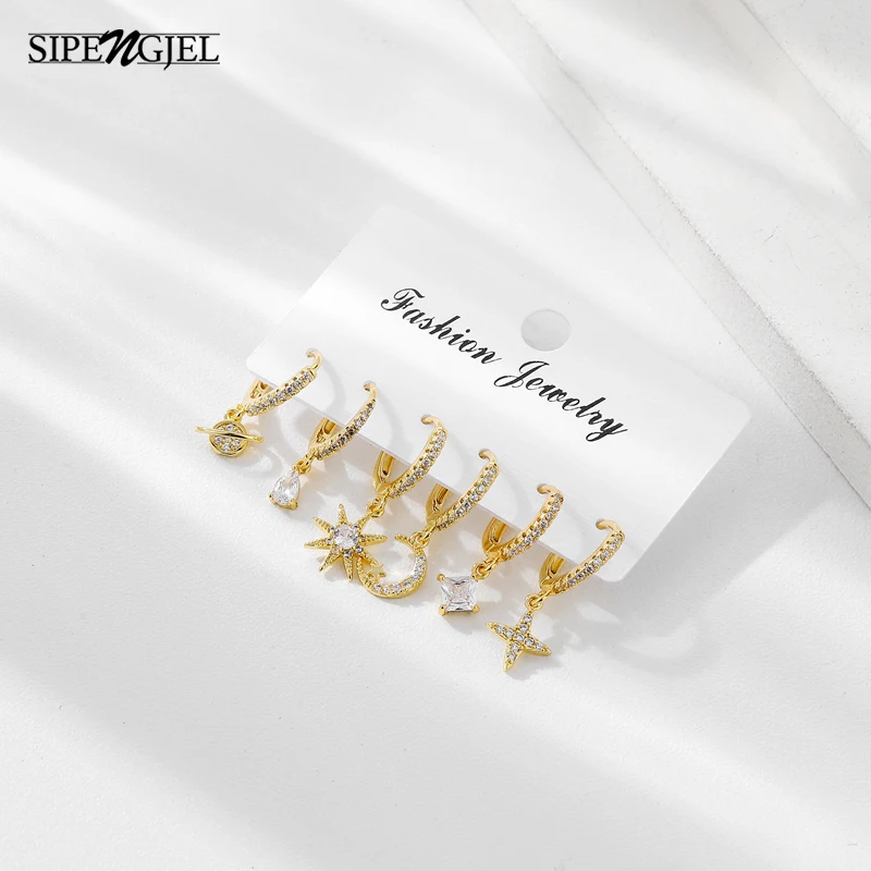 SIPENGJEL Fashion Shiny Zircon Crystal Drop Hoop Earrings Set Geometric Star Moon Pendant For Women Party Jewelry 2021 | Украшения и