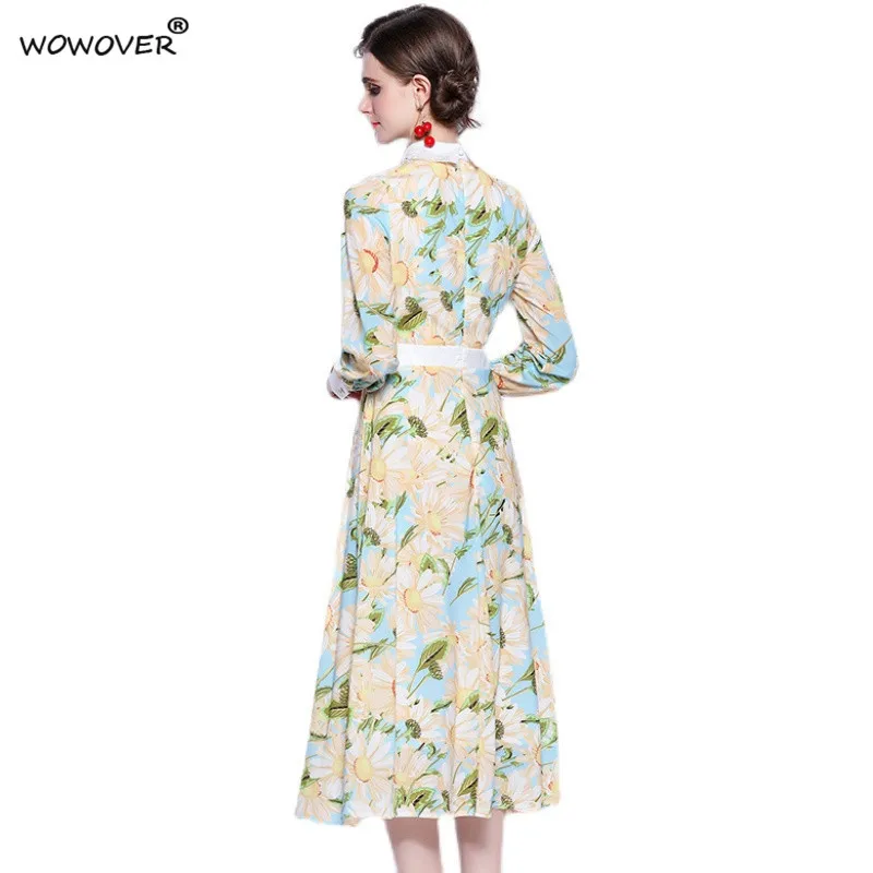 

Europe Fashion Women Clothing 2021 Spring Runway Designers Full Sleeve Lace Collar Flower Print Midi Dress Sweet Holiday Robe