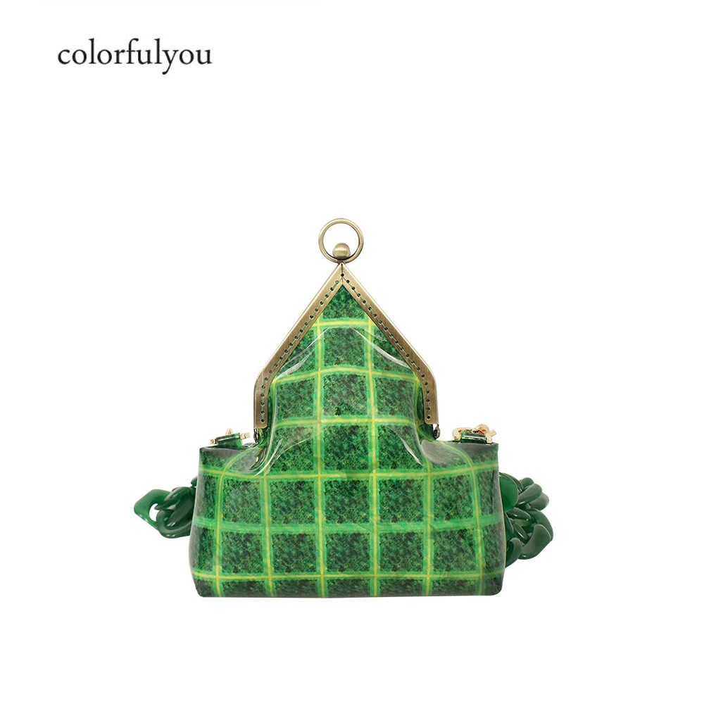 

Оригинальная винтажная женская сумка, акриловая Толстая сумка на цепочке с застежкой, зеленые клетчатые клатчи в стиле ретро, кошельки от и...
