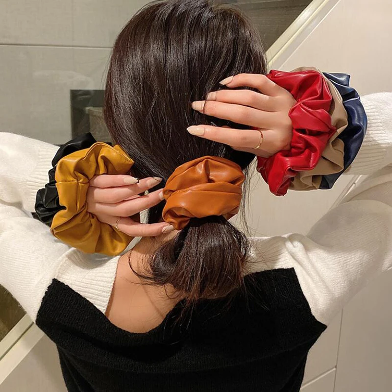 

1PCS 2021 Korea Autumn Winter Leather Big Elastic Hair Bands Scrunchies Vintage Solid Color Headbands Hair Accessories