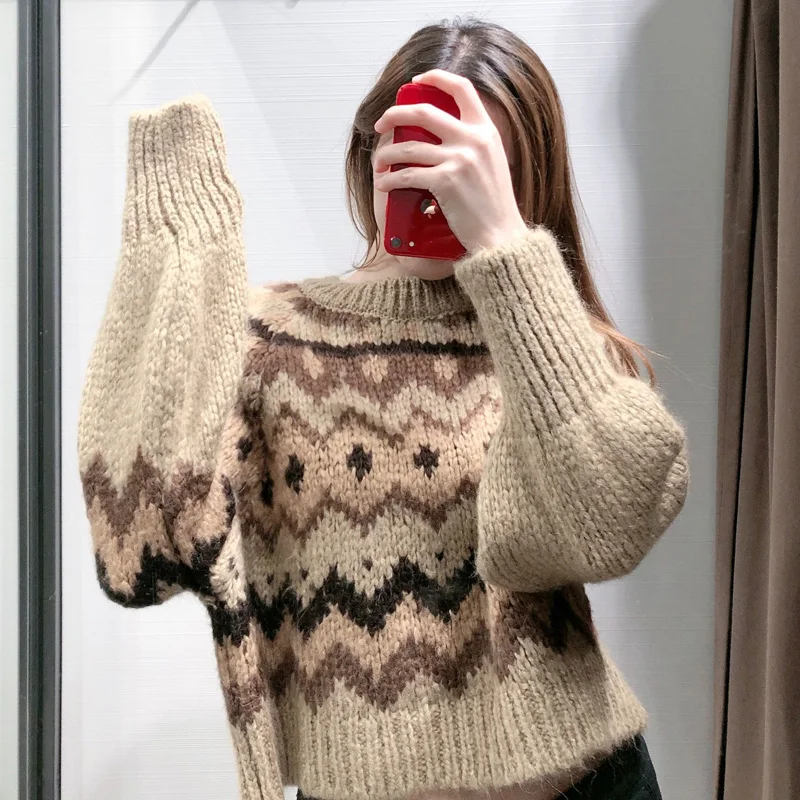 ZOEPO Winter Warm Loose Sweaters Women Fashion O Neck Jacquard Sweater Elegant Puff Sleeve Female Ladies JV | Женская одежда