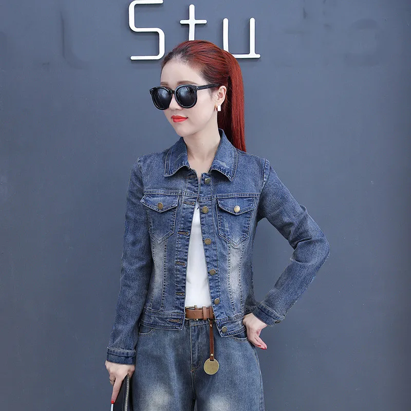 Осеннее однотонное джинсовое пальто с вышивкой и отложным воротником Женская