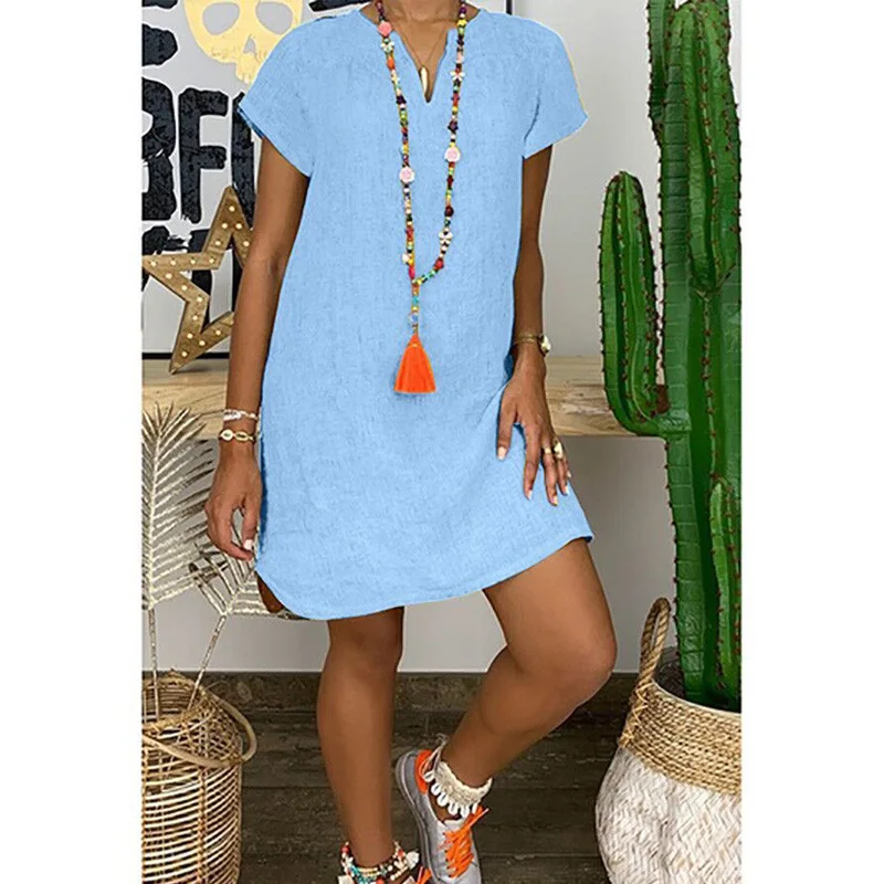 

S-5XL Casual Loose Mini Dress Women solid short Sleeve V-Neck Linen Dress 2021 Summer Beach Holiday Sundress Vestidos Plus Size