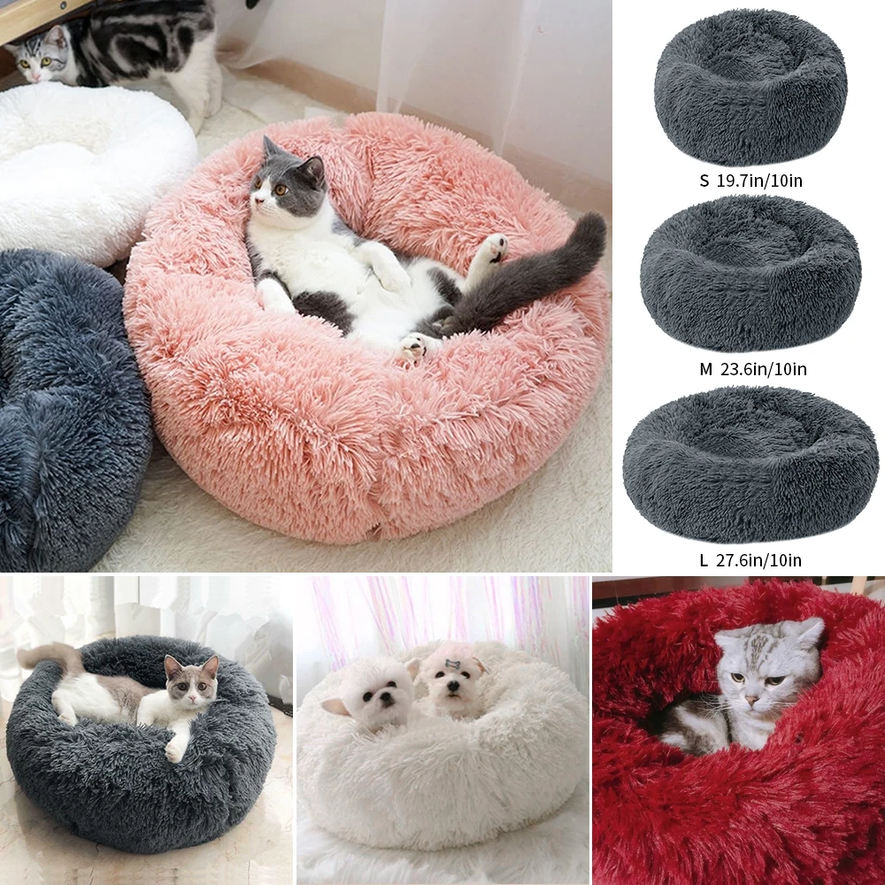 Pet Bed Long Plush Cat Bed Soft Round Mat Cat House Self-Warming Plush Cushion Dog Bed Kennels Machine Washable
