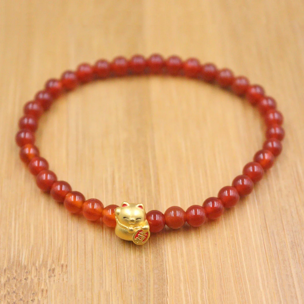

999 24K Yellow Gold Bracelet Real Gold Pixiu Baby 3D Hard Gold Lucky Red Agate 6mm Beads For Women Female 's Bracelet