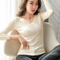 knitted t shirt women basic woman tshirts thin v neck long sleeve soild elasticity tee femme t shirts 2021 autumn korean tops