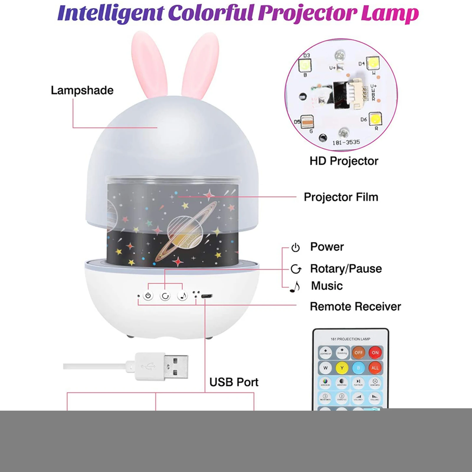 

Projection Lamp - Music Remote Control, Star LED Night Light for Kids Baby