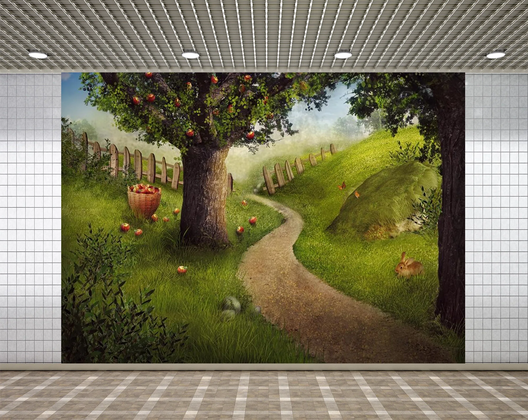 Lyavshi пасхальное яблоко дерево фон кролик деревянная загородка тропа фотография