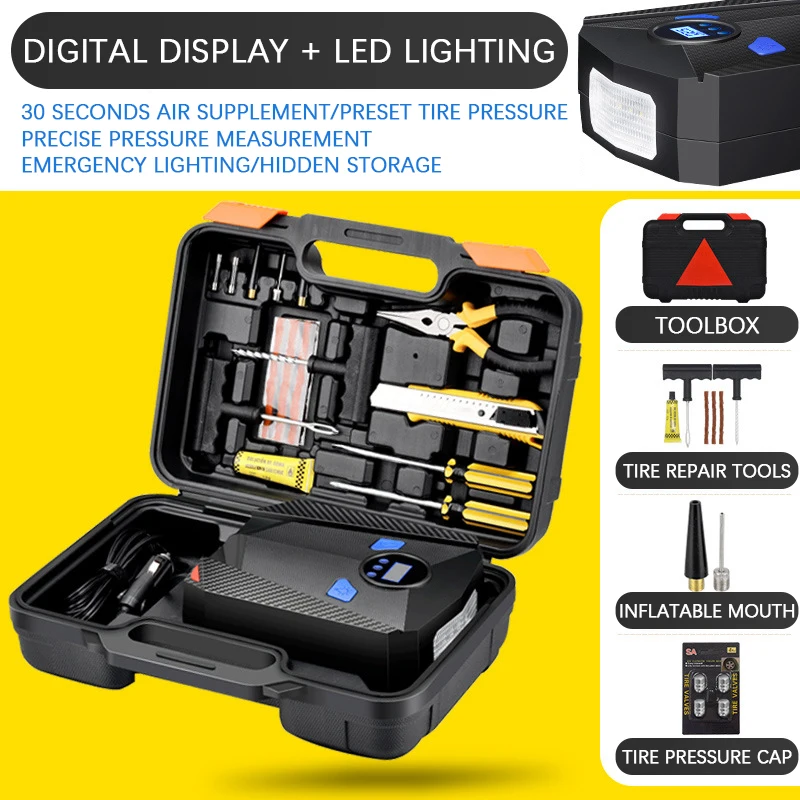 

DC 12V 150 Psi 22 Cylinder Digital Display Model Portable Auto Aire Car Air Pump + Tire Pressure Cap + Complete Tool Box