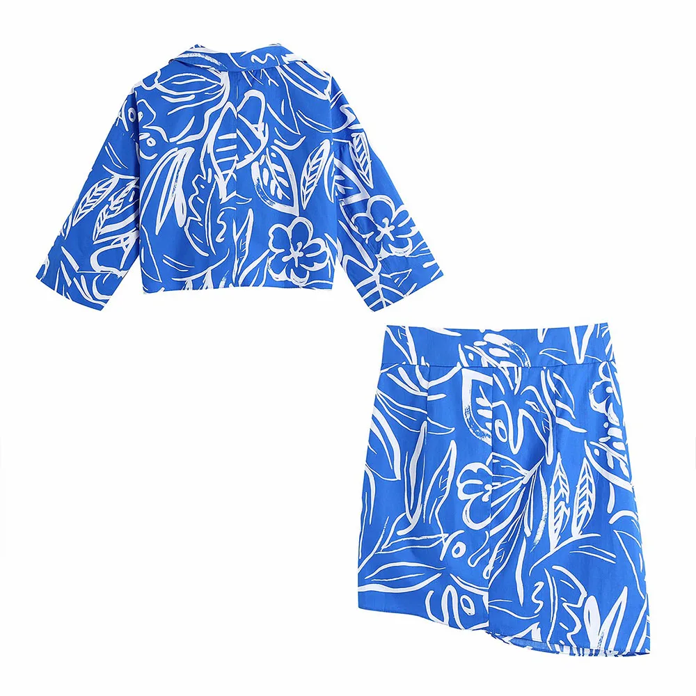 

DiYiG WOMAN 2021 summer new elegant women's blue print short shirt pleated design lapel short sleeve top ZA