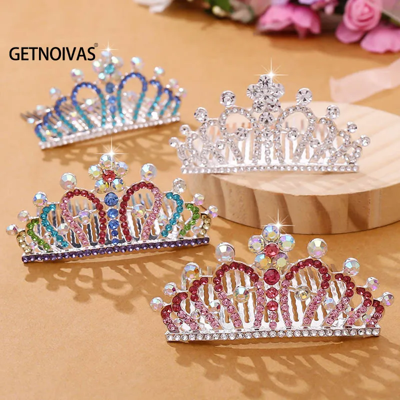 Kids Hair Accessories Children Tiara Crown Small Girl Birthday Party Show Coloful Rhinestone Crystal Haircomb Princess Headwear