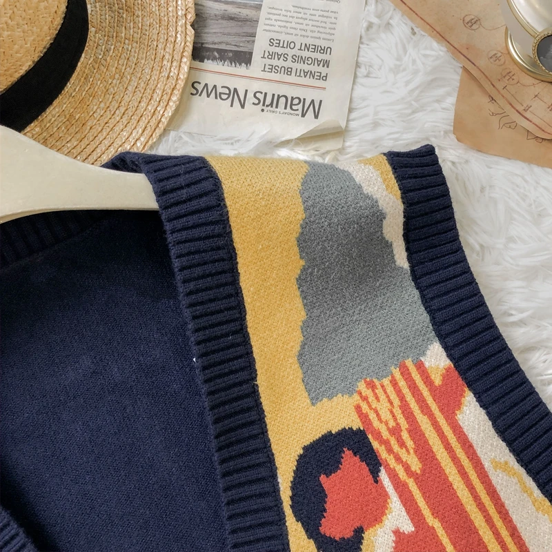 

Autumn Knitting Sleeveless Cardigan Vest Women Korean Loose Funny Pattern All-Match Out Wear Girls V-Neck Vest Student Tops