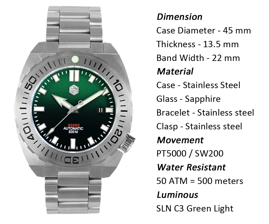 Мужские часы Lugyou San Martin Deep Sea Diver, автоматический Сапфир, водонепроницаемость 500 м, светящаяся нержавеющая сталь, ограниченная серия